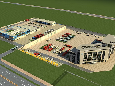 Aerial Planning of Commercial Building Complex With Parking Lots Vehicles Roads and Green Areas 3d model