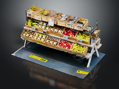 Multi Tiered Fruit Display Shelf Organized With Various Fresh Fruits Wooden Crates And Yellow Labels 3d model