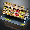 Multi Tiered Fruit Display Shelf Organized With Various Fresh Fruits Wooden Crates And Yellow Labels