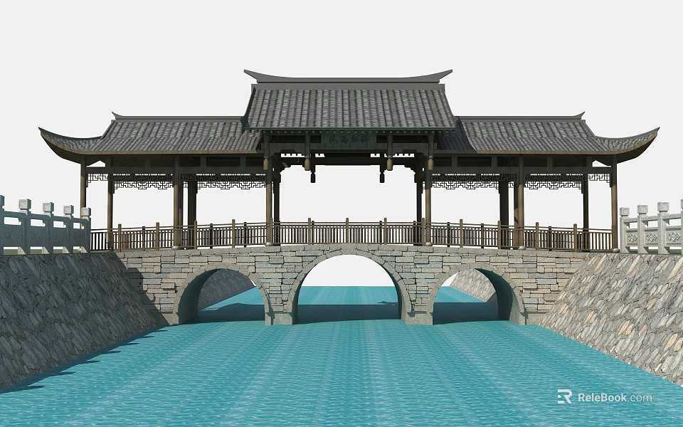 Chinese Traditional Stone Arch Bridge With Classic Roof And Railing Over Blue Water 3d model 