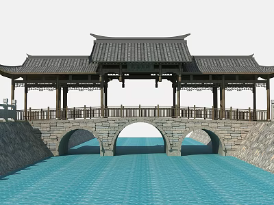 Chinese Traditional Stone Arch Bridge With Classic Roof And Railing Over Blue Water 3d model