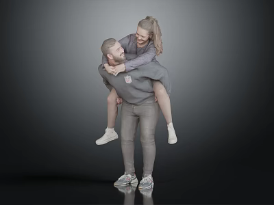 Two Happy People Enjoying Piggyback Ride Together In Casual Outfits 3d model