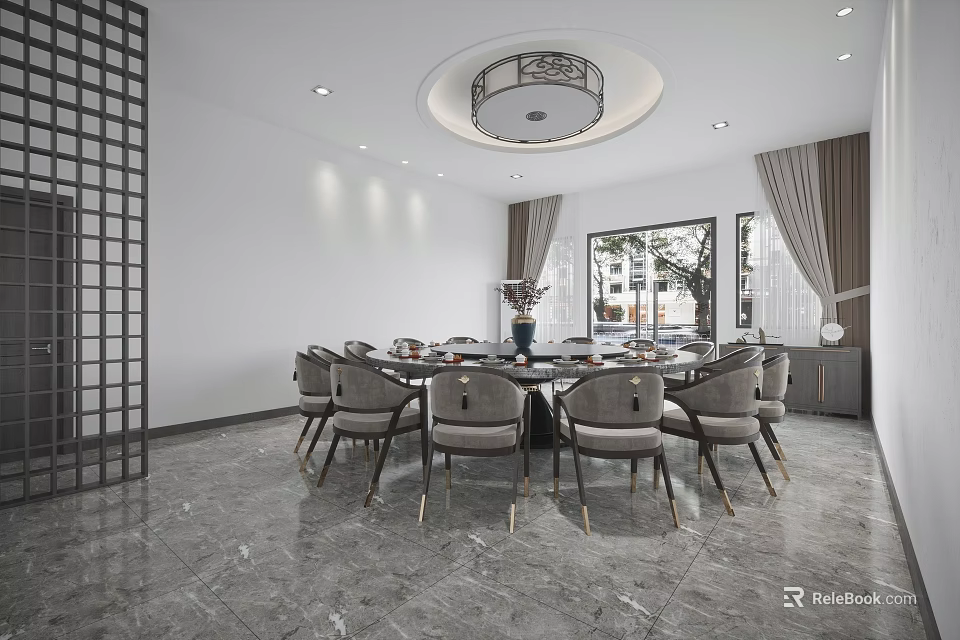 Elegant Private Dining Room Interior With Round Table Chairs Chandelier And Large Windows 3d model