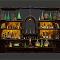 Vintage Alchemy Wooden Shelf With Colorful Potion Bottles Glassware And Arched Window