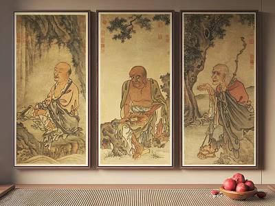 Traditional Chinese Figure Paintings Featuring Three Monk Figures with Trees and Rocks as Wall Decor 3d model