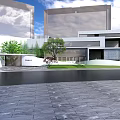 Modern Entrance Gate Design With White Building Green Plants And Stone Steps