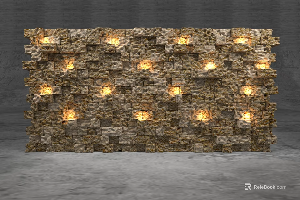 Textured Stone Wall Design With Embedded Illuminated Lights And Warm Glow 3d model 