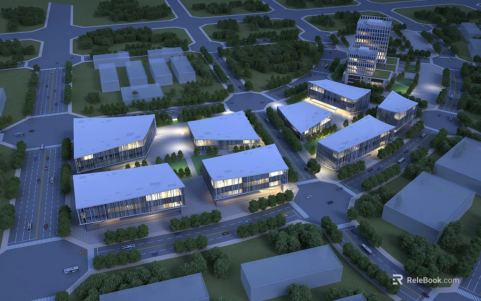Modern Industrial Factory Buildings Featuring Glass Facades Greenery And Well Planned Road Layout 3d model 