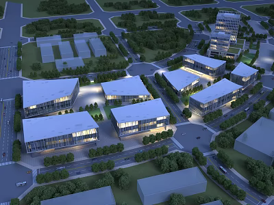 Modern Industrial Factory Buildings Featuring Glass Facades Greenery And Well Planned Road Layout 3d model