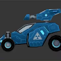 Blue Futuristic Toy Car With Robot Like Structure And Large Shiny Wheels
