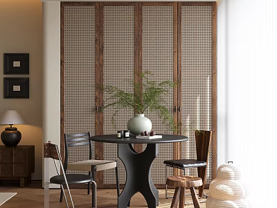 Modern Round Black Dining Table Set With Wooden Chairs Stools And Potted Plant 3d model