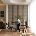 Modern Round Black Dining Table Set With Wooden Chairs Stools And Potted Plant