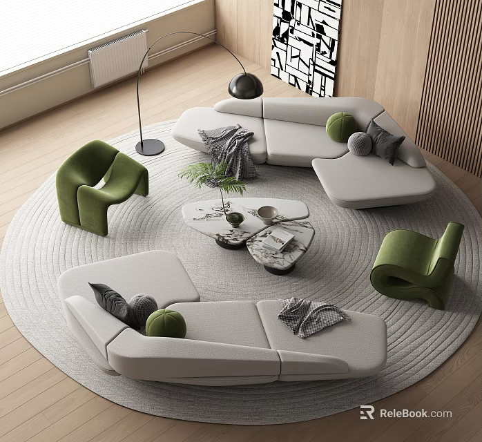 Modern Light Colored L Shaped Sofa and Round Coffee Table Set with Green Accent Chairs 3d model 