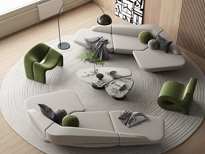 Modern Light Colored L Shaped Sofa and Round Coffee Table Set with Green Accent Chairs 3d model