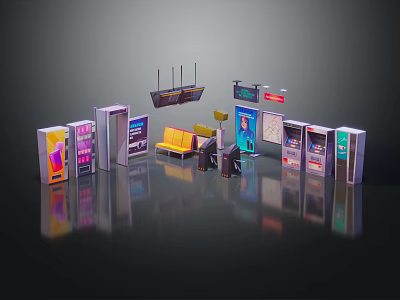 Public Transport Station Setup With Advertising Screens Bench Information Signs And Ticket Machines 3d model