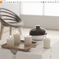 Candle Lamp Arrangement On Wooden Tray With White Candles And Black Container In Modern Interior