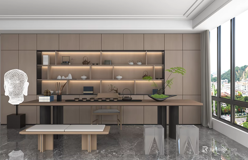 Modern Tea Room Interior With Wooden Tea Table Sets Shelves Green Plants And Window View 3d model 
