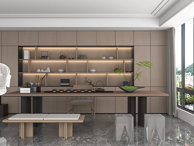 Modern Tea Room Interior With Wooden Tea Table Sets Shelves Green Plants And Window View 3d model