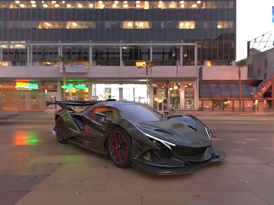 Black Sports Car Parked On Urban Street With Modern High Rise Buildings 3d model