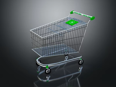 Metal Shopping Cart With Green Handle And Four Wheels On Reflective Surface 3d model