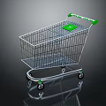 Metal Shopping Cart With Green Handle And Four Wheels On Reflective Surface