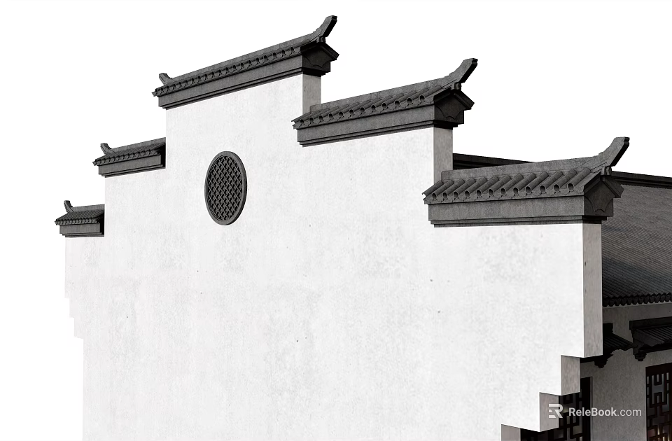 Traditional Chinese Architectural White Exterior Wall with Ornate Gray Tile Eaves and Circular Window 3d model 