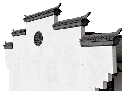 Traditional Chinese Architectural White Exterior Wall with Ornate Gray Tile Eaves and Circular Window 3d model