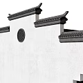 Traditional Chinese Architectural White Exterior Wall with Ornate Gray Tile Eaves and Circular Window