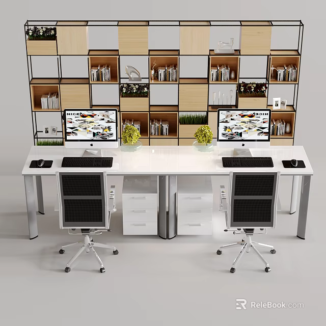Modern Bookcase In Home Office With Two Desks Computers Green Plants And Drawer Cabinets 3d model 