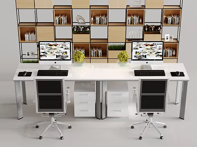 Modern Bookcase In Home Office With Two Desks Computers Green Plants And Drawer Cabinets 3d model