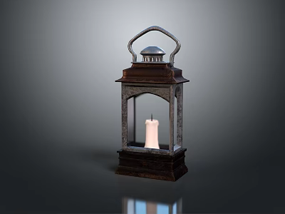 Vintage Decorative Lantern Featuring Illuminated White Candle Metal Frame And Glass Panels 3d model