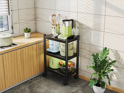 Black Rolling Multi Tier Bathroom Cabinet Rack With Toiletries Green Plant And Tile Wall Background 3d model