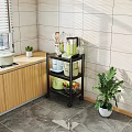Black Rolling Multi Tier Bathroom Cabinet Rack With Toiletries Green Plant And Tile Wall Background