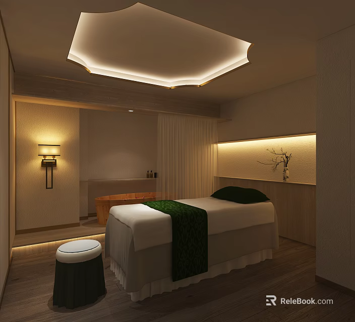 Modern SPA Sauna Interior With Massage Bed Green Blanket And Soft Lighting 3d model 