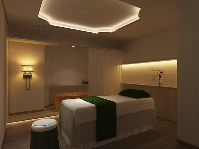 Modern SPA Sauna Interior With Massage Bed Green Blanket And Soft Lighting 3d model