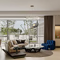 Modern Open Plan Living And Dining Room With Marble Feature Wall And Curved Sofa