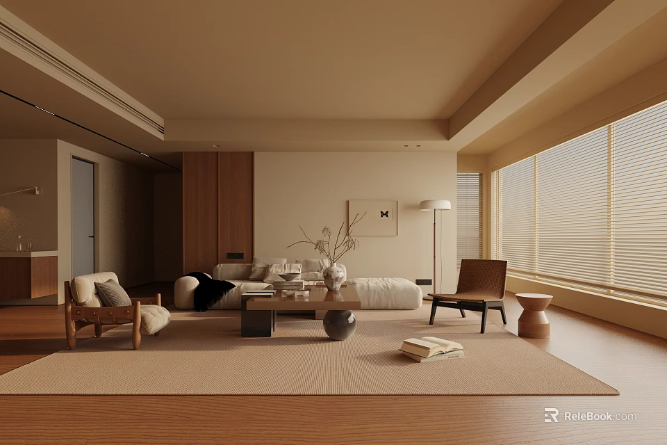 Modern Luxury Living Room With Beige Wooden Floors Floor-to-Ceiling Windows Blinds Sofa And Coffee Table 3d model 