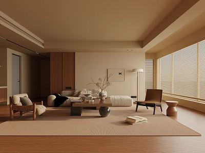 Modern Luxury Living Room With Beige Wooden Floors Floor-to-Ceiling Windows Blinds Sofa And Coffee Table 3d model