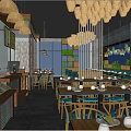 Modern Restaurant Interior With Hanging Chandeliers Blue Chairs And Wooden Tables
