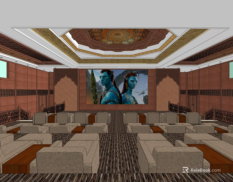 Elegant Cinema Interior With Comfortable Seats Large Screen And Ornate Ceiling 3d model 
