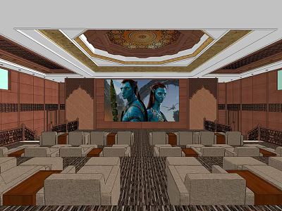 Elegant Cinema Interior With Comfortable Seats Large Screen And Ornate Ceiling 3d model