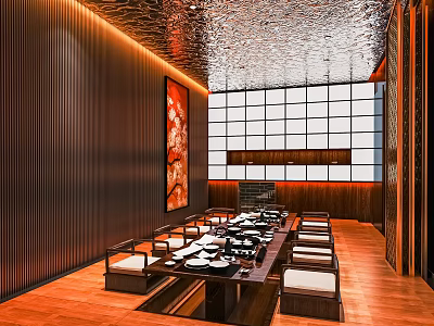 Japanese Style Private Dining Room With Wooden Walls Long Table Cushioned Seats And Grid Window 3d model
