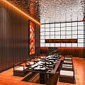 Japanese Style Private Dining Room With Wooden Walls Long Table Cushioned Seats And Grid Window