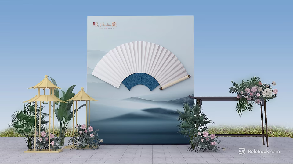 Traditional Chinese Check-in Desk With Fan Landscape Theme Yellow Pavilions Green Plants And Pink Flowers 3d model 