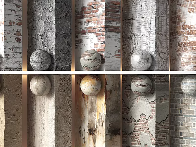 Textured Wall Panels Display In Brick Concrete And Wood Finishes With Decorative Spheres 3d model