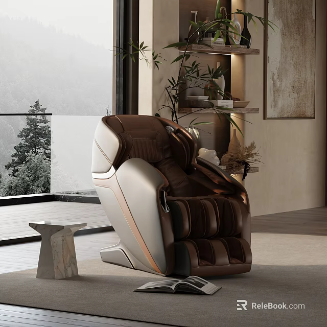 Comfortable Modern Brown And Beige Recliner Chair With Plants And Scenic View 3d model 