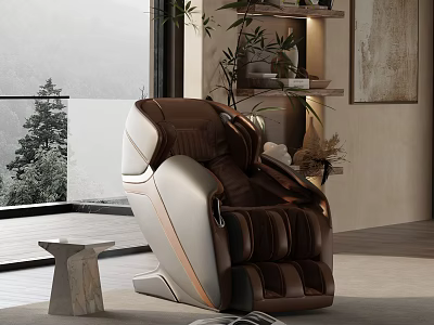 Comfortable Modern Brown And Beige Recliner Chair With Plants And Scenic View 3d model