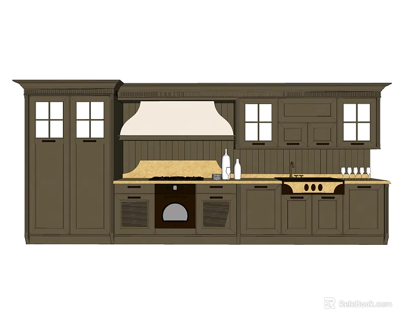 Dark Green Kitchen Cabinets With Glass Windows Stove And Light Countertop Design 3d model 