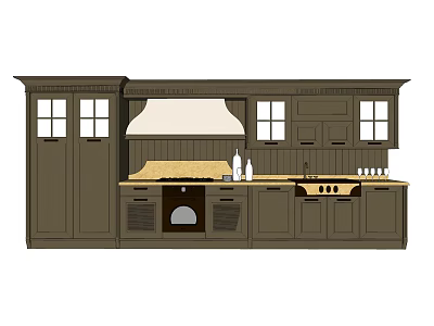 Dark Green Kitchen Cabinets With Glass Windows Stove And Light Countertop Design 3d model