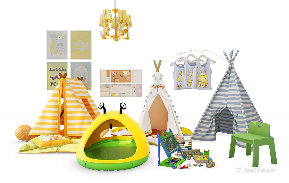 Colorful Children's Tents With Striped Patterns Toys Drawing Board and Playful Decor 3d model 